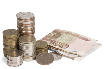 A stack of Russian coins and some bills. Heap of money on white background.