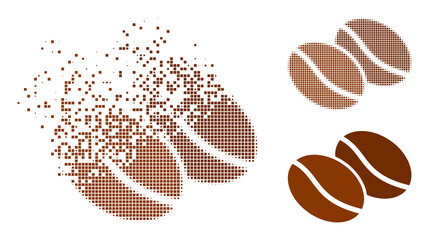 Dispersed dotted coffee beans vector icon with wind effect, and original vector image. Pixel disappearing effect for coffee beans shows speed and motion of cyberspace items.