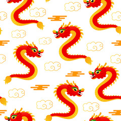 Chinese dragon and clouds seamless pattern on white background for wallpaper or print in cartoon style, lunar new year theme