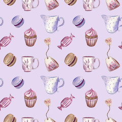 Soft seamless pattern with macaroon cookies, cupcakes, milk, teacups, teabags, and candies on lavender-pink pastel background. Elements are painted with watercolors. Nice design for kitchen textile.