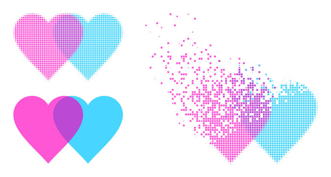 Dissolved dot lovely hearts vector icon with destruction effect, and original vector image. Pixel destruction effect for lovely hearts shows speed and movement of cyberspace abstractions.