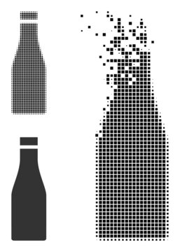 Dissolved pixelated beer bottle vector icon with wind effect, and original vector image. Pixel dissipation effect for beer bottle demonstrates speed and movement of cyberspace items.