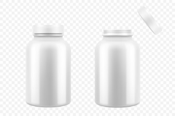 Opened and closed white plastic medical pill bottles, 3d realistic vector illustration. Mock Up Template set of medicine package for pills, capsule, drugs, isolated on white background