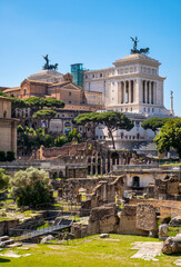 Naklejka na ściany i meble Panorama of ancient Roman Forum Romanum with Altare della Patria and Campidoglio Capitoline aside Palatine in historic center of ancient Rome in Italy