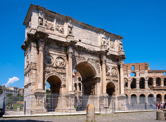Arch of Constantine the Great emperor Arco di Costantino between Colosseum and Palatine Hill at Via Triumphalis route in historic city center of Rome in Italy