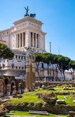 Panorama of ancient Roman Forum Romanum with Altare della Patria and Temple of Venus Genetrix aside Forum of Caesar in historic center of ancient Rome in Italy