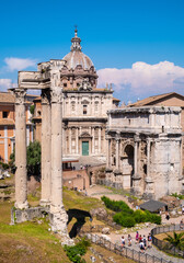 Santi Luca and Martina church with temple of Vespasian and Titus and Septimius Severus Arch at Roman Forum Romanum in historic center of Rome in Italy