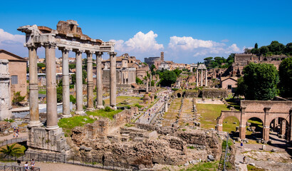 Panorama of Roman Forum Romanum with Temple of Saturn Aedes Saturni and ancient Via Sacra at in...