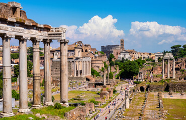 Panorama of Roman Forum Romanum with Temple of Saturn Aedes Saturni and ancient Via Sacra at in...