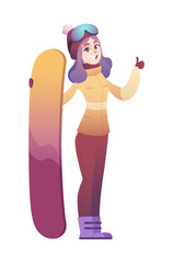Stylish girl with purple hair and ski goggles holds snowboard in her hand and gestures that everything is cool