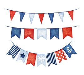 Obraz premium Watercolor Festive Bunting Garland set. Ribbon Flags, triangular Pennant Banner. Nautical collection of Holiday Party Decoration clipart. Hand drawn background, design elements isolated