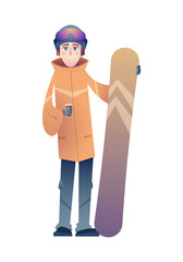 Stylish guy in orange ski suit holding snowboard and hot coffee and smiling. Purple Mountain Goggles
