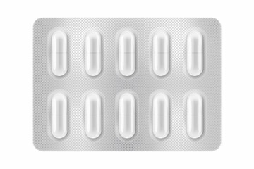3d blister with pills for illness and pain treatment. Medical drug package for tablet: vitamin, antibiotic, aspirin. Realistic mock-up of packaging. Vector illustrations of pack isolated on background - Powered by Adobe