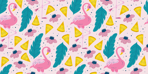 Seamless summer pattern with pink flamingo and tropical leaves and pineapple pieces.Blue leaves and flamingos on a pink background for children's design. Flat vector illustration © Анжелика Полтавец