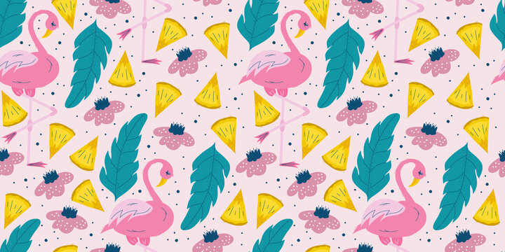 Seamless summer pattern with pink flamingo and tropical leaves and pineapple pieces.Blue leaves and flamingos on a pink background for children's design. Flat vector illustration
