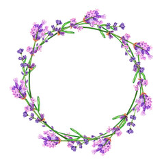 Watercolor lavender flowers, round frame, wreath