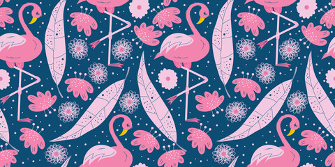 Seamless summer pattern with pink flamingos and tropical leaves and daisy flowers.Pink leaves and flamingos on a dark blue background for children's design. Flat vector illustration