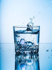 A glass of pure fresh water. Concept nature, purification, freshness. Splash of water in a glass. Splashing water. Ice water. 
