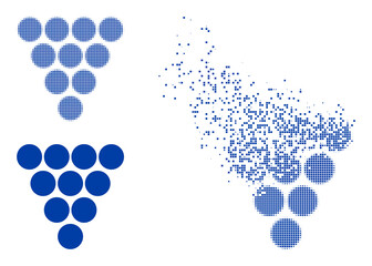 Dispersed pixelated grapes vector icon with wind effect, and original vector image. Pixel dissolution effect for grapes shows speed and motion of cyberspace items.