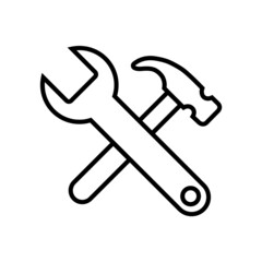 Hammer and wrench line icon, repair vector outline logo isolated on white background
