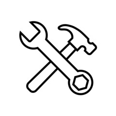 Hammer and wrench line icon, repair vector outline logo isolated on white background