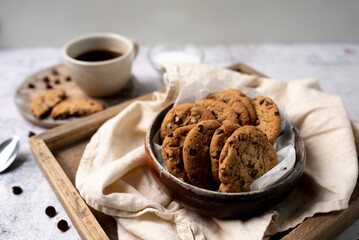 Cookies chocolate chip cookie and coffee. Cozy warm cookies freshly baked. Coffee treat. 
