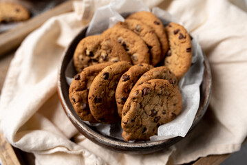 Cookies chocolate chip cookie and coffee. Cozy warm cookies freshly baked. Coffee treat. 