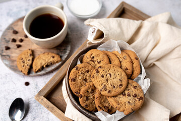 Cookies chocolate chip cookie and coffee. Cozy warm cookies freshly baked. Coffee treat. 