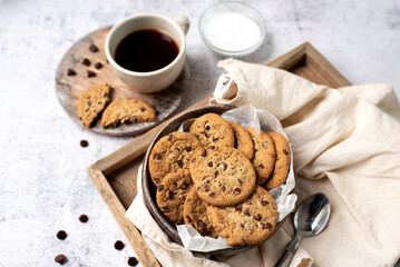 Cookies chocolate chip cookie and coffee. Cozy warm cookies freshly baked. Coffee treat. 