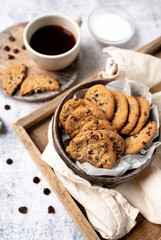 Cookies chocolate chip cookie and coffee. Cozy warm cookies freshly baked. Coffee treat. 