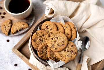 Cookies chocolate chip cookie and coffee. Cozy warm cookies freshly baked. Coffee treat. 