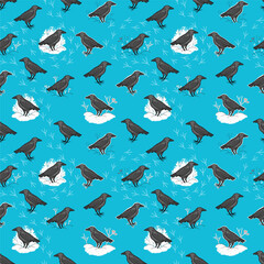 Seamless Pattern with cute crows in winter.