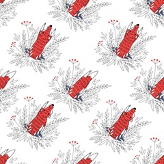 Seamless Pattern with foxes running into a borrow.