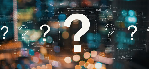 Question marks with blurred city abstract lights background