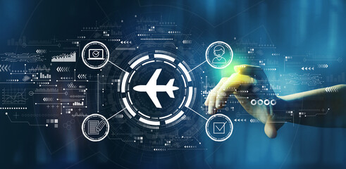 Flight ticket booking concept with hand pressing a button on a technology screen