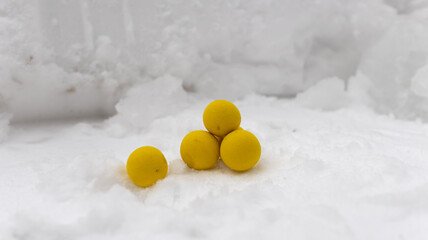 Yellow balls on a snowy background in winter. Close-up.