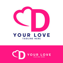 D letter logo with heart icon, valentines day concept