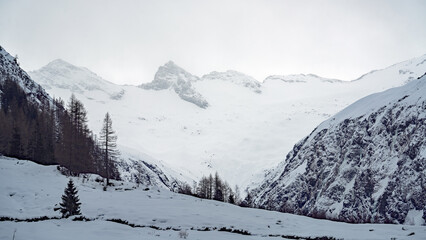 stormy and grey day in the alps at a cold winter day