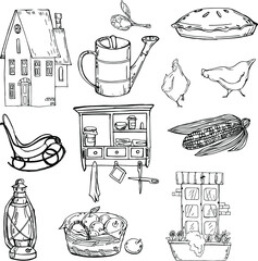 vector illustration farmhouse,household,farmhouse furnishings,animals,food,crops,black liner,outline,for design