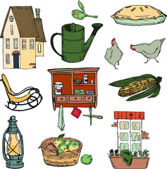 vector illustration farmhouse,chair,shelf,window with flowers,corn cob,chicken,pie,lamp,basket with apples,for design