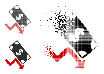 Dissolved pixelated dollar down trend vector icon with destruction effect, and original vector image. Pixel destruction effect for dollar down trend shows speed and motion of cyberspace objects.
