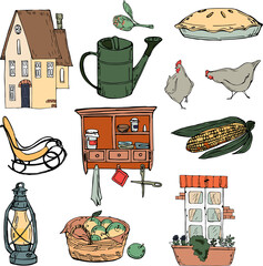 Print vector illustration farmhouse,chair,shelf,window with flowers,corn cob,chicken,pie,lamp,basket with apples,for design
