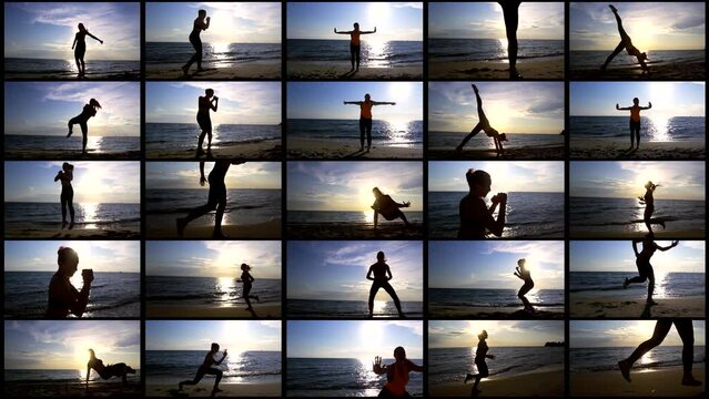 multiscreen collage of a woman professional athlete training on the seashore.