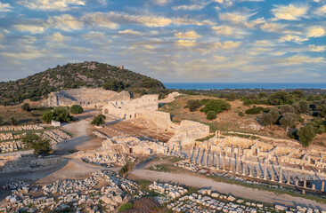 Patara (Pttra). Ruins of the ancient Lycian city Patara. Amphi-theatre and the  assembly hall of Lycia public. Patara was at the Lycia (Lycian) League's capital. Aerial view shooting. Antalya, TURKEY