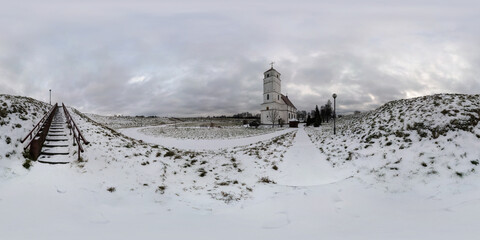 winter fairy tale full seamless spherical panorama 360 degrees angle view in village near orthodox...