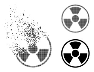 Dissolved dot radioactive symbol vector icon with wind effect, and original vector image. Pixel burst effect for radioactive symbol demonstrates speed and motion of cyberspace items.