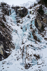 Fototapeta na wymiar frozen waterfall in the alps hanging from the rocks ata cold winter day