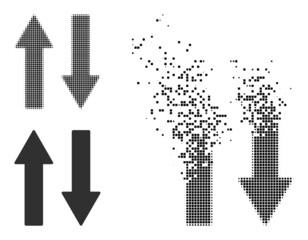 Dispersed pixelated vertical exchange arrows vector icon with wind effect, and original vector image. Pixel mist effect for vertical exchange arrows shows speed and motion of cyberspace matter.