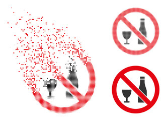 Dispersed dotted forbid alcohol vector icon with wind effect, and original vector image. Pixel disappearing effect for forbid alcohol demonstrates speed and motion of cyberspace items.