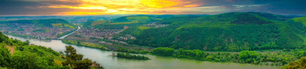 Scenic panoramic sunset view over the middle rhine